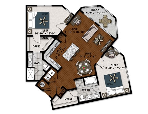 Floor plan for 2 beds, 2 baths, 1382 sqft